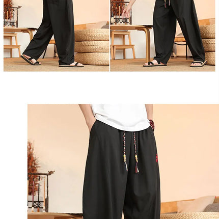 Pantaloni neri da uomo estivi leggeri e larghi in stile retrò giapponese, pantaloni harem casual traspiranti e comodi con elastico in vita