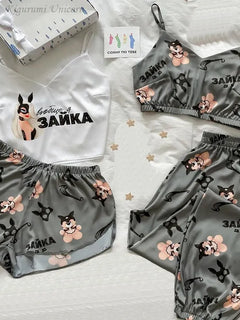 Set da 4 pezzi pigiameria da donna in raso di seta pigiama Set estivo con scollo a v cinturino da notte pigiama Homewear Fox Animal Flower Print Clothes