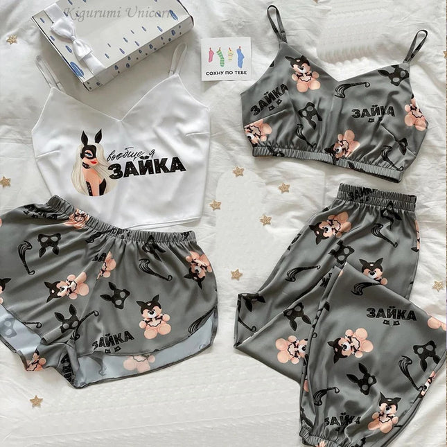 Set da 4 pezzi pigiameria da donna in raso di seta pigiama Set estivo con scollo a v cinturino da notte pigiama Homewear Fox Animal Flower Print Clothes