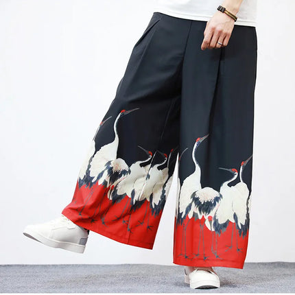 Nuovi Pantaloni da Uomo con Stampa Tradizionale a Gru, Stile Cinese Vintage, Pantaloni Harem Estivi, Pantaloni Larghi Hanfu Oversize da Uomo
