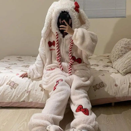 Kawaii Rabbit Bow One Piece Pajamas Women's Coral Velvet Hooded Sleepwear Thicken Winter Warm Sweet Cute Homewear Holiday Gift