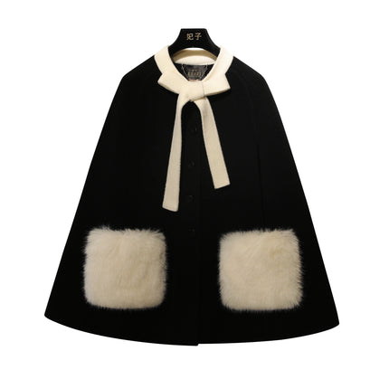 French Elegant Socialite Cape Jacket Plush Pocket Round Neck Bow Single-breasted Loose Versatile Woolen Cloak Coats Women Winter