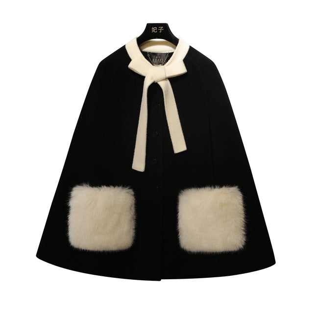 French Elegant Socialite Cape Jacket Plush Pocket Round Neck Bow Single-breasted Loose Versatile Woolen Cloak Coats Women Winter