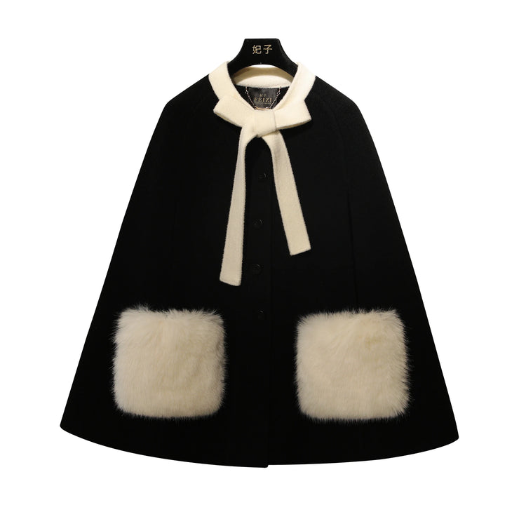 French Elegant Socialite Cape Jacket Plush Pocket Round Neck Bow Single-breasted Loose Versatile Woolen Cloak Coats Women Winter