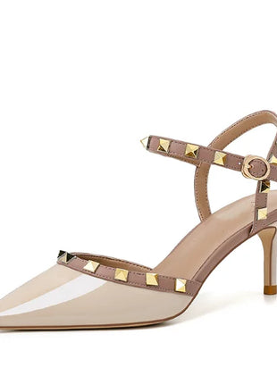 Lady autentici sandali in pelle cinturino con fibbia tacchi alti sottili scarpe alla moda Lock Gold Studs Dress Pumps 33-41 25cm White Blac