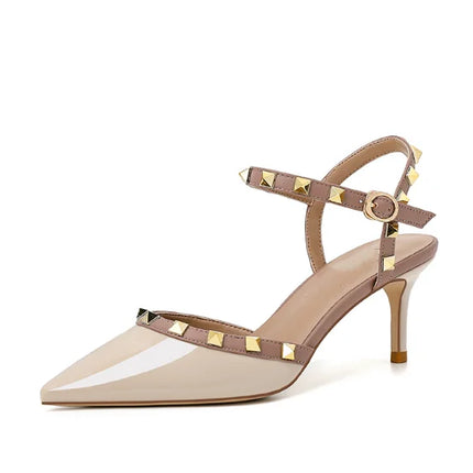 Lady autentici sandali in pelle cinturino con fibbia tacchi alti sottili scarpe alla moda Lock Gold Studs Dress Pumps 33-41 25cm White Blac