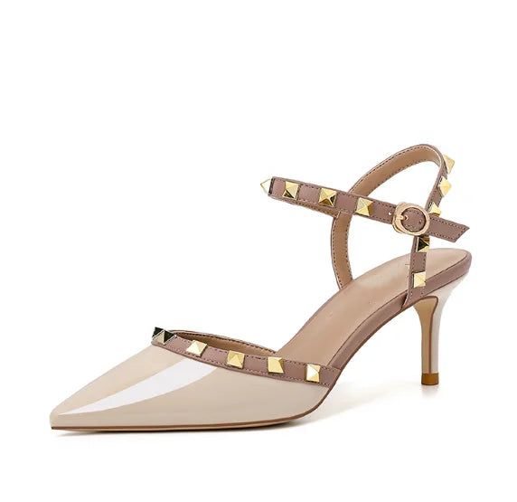 Lady autentici sandali in pelle cinturino con fibbia tacchi alti sottili scarpe alla moda Lock Gold Studs Dress Pumps 33-41 25cm White Blac