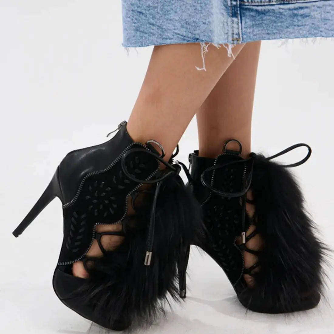 Faux Fur Trim Women Sandals Almond Peep Toe Ankle-High Shaft Thin High Heels Women Stilettos Summer Sexy Shoes Luxury 2025 New