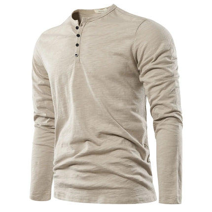 Henery Neck  Long Sleeve T shirt For Men Solid Spring Casual Mens T-shirts High Quality Male Tops Classic Clothes Men's T-shirts PlatiNum