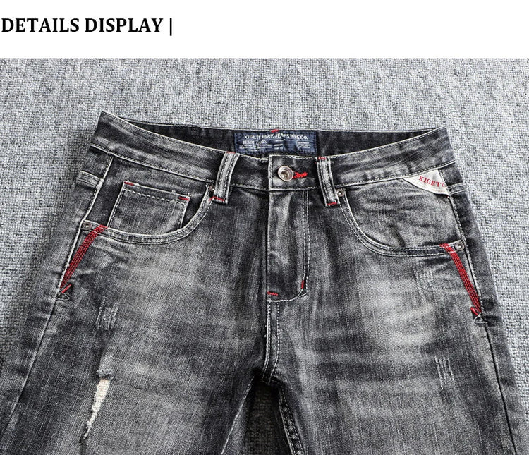 Italian Style Fashion Men Jeans Retro Gray Elastic Slim Fit Ripped Jeans Men Trousers Vintage Designer Casual Denim Pants Hombre PlatiNum