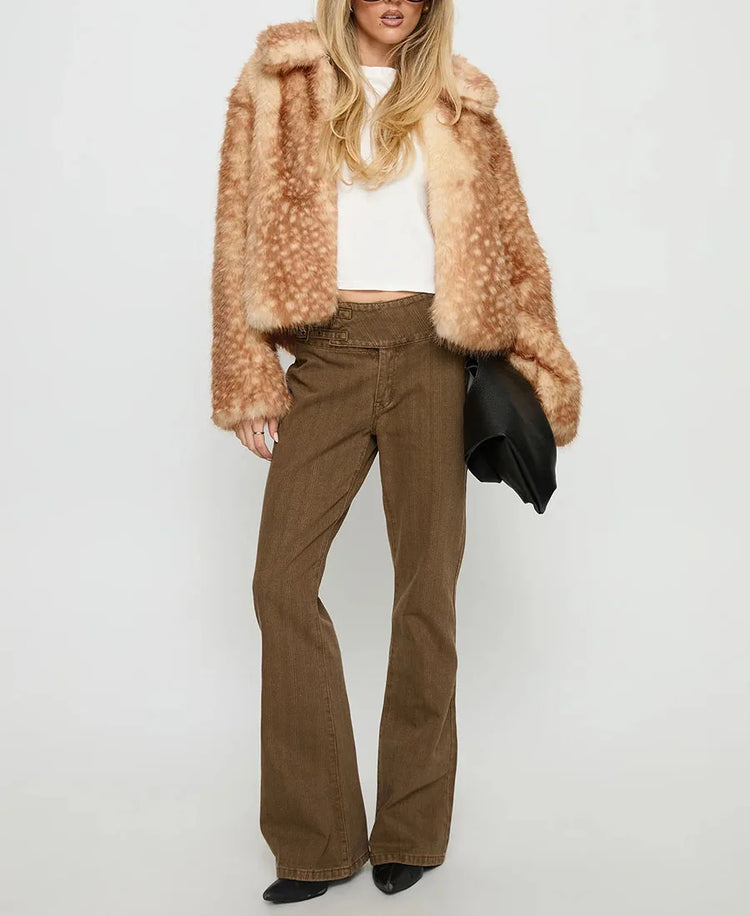 ZADORIN Chic Turn Down Collar Deer-print Cropped Fluffy Faux Fur Coat Woman Elegant Warm Faux Fur Jackets Woman Winter Coat Tops
