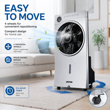 Ventilatore Evaporativo ZEPHIR 90W con Nebulizzatore, Serbatoio da 2,5L, 3 Velocità, Telecomando, Raffrescatore d'Aria