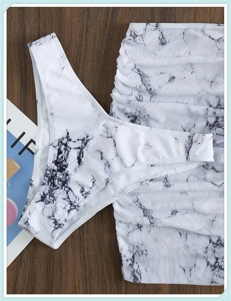 3 pezzi perizoma Bikini con gonna marmo texture costume da bagno donna costume da bagno Set costumi da bagno femminili abbigliamento da spiaggia nuoto estate platinumshop