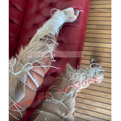 Fur Hide Lace Up Over Knee Sandals Women Wild Sexy Cross Tied High Heels Puttee Shoes Ladies Cutout Party Pointy Long Sandals