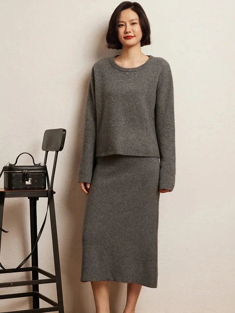 Luxury 100% Cashmere Mid-Calf Pencil Skirt Simple Basic Style Women Solid Color Autumn Winter High Waist Slimming Knitted Skirt PlatiNum