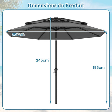 Ombrellone da Giardino a 3 Livelli Ventilato 300cm, con Sistema di Inclinazione a Pulsante e Manovella, Palo in Metallo Robusto, Ombrellone da Spiaggia e Giardino