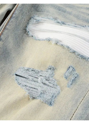 Designer High Street Fashion New Light Blue Men's Jeans Stretch Slimming White Leather Patch Hip Hop Brand Pants HombreY2K PlatiNum