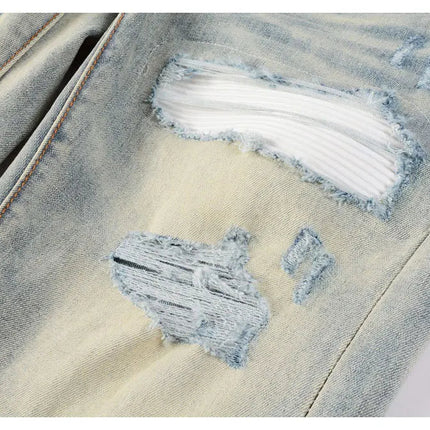 Designer High Street Fashion New Light Blue Men's Jeans Stretch Slimming White Leather Patch Hip Hop Brand Pants HombreY2K PlatiNum
