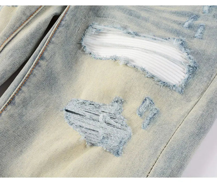 Designer High Street Fashion New Light Blue Men's Jeans Stretch Slimming White Leather Patch Hip Hop Brand Pants HombreY2K PlatiNum
