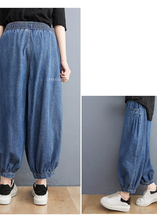 Jeans Vintage tinta unita da donna moda estiva pantaloni larghi in Denim elasticizzato in vita femminile pantaloni Harem alla caviglia stile giapponese