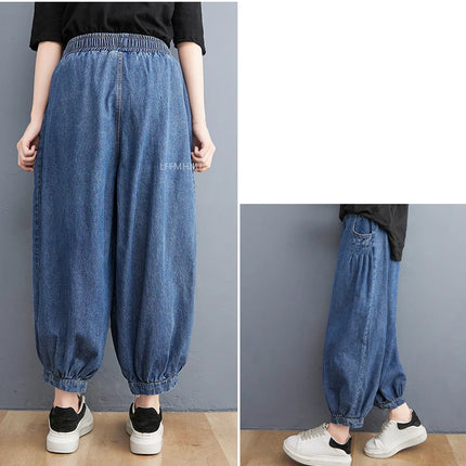 Jeans Vintage tinta unita da donna moda estiva pantaloni larghi in Denim elasticizzato in vita femminile pantaloni Harem alla caviglia stile giapponese