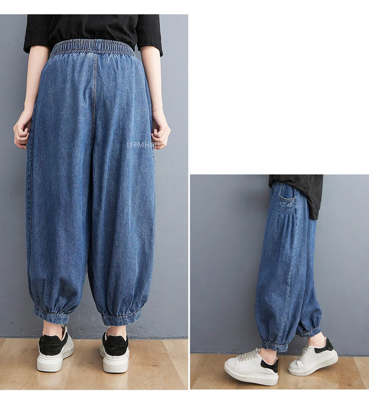 Jeans Vintage tinta unita da donna moda estiva pantaloni larghi in Denim elasticizzato in vita femminile pantaloni Harem alla caviglia stile giapponese