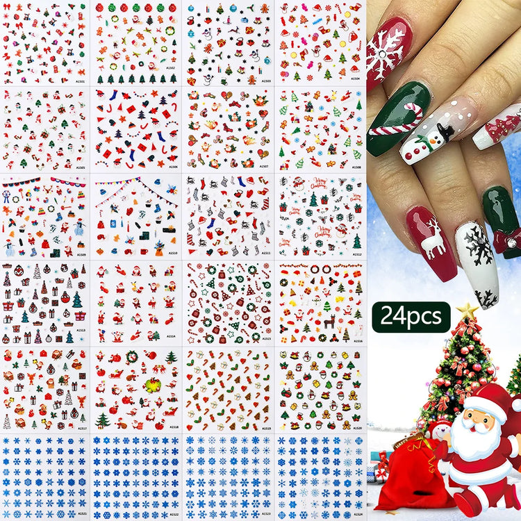 24Pcs 3D Christmas Nail Stickers Cartoon Santa Claus Elk Snowman Snowflakes Self-Adhesive Nail Decals Kid Girl Xmas Gift Sliders