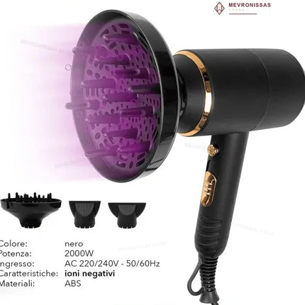 Professional Hair Dryer 2000W with Diffuser, Negative Ion Hair Dryer, 220-240V 50/60Hz, Black