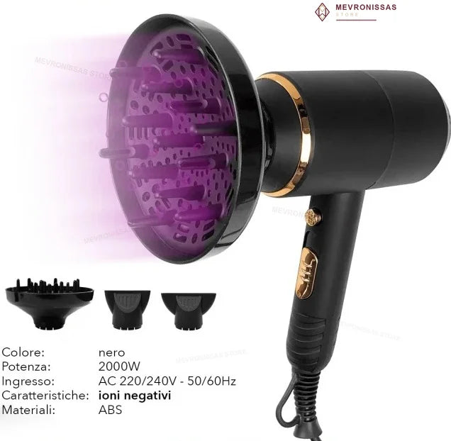 Professional Hair Dryer 2000W with Diffuser, Negative Ion Hair Dryer, 220-240V 50/60Hz, Black
