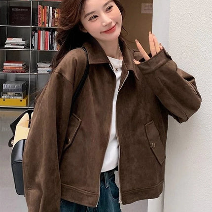 Retro Style Women's Short Suede Jacket Coffee Color Korean Style Autumn Coat Zipper Pocket Polyester Fiber Windproof