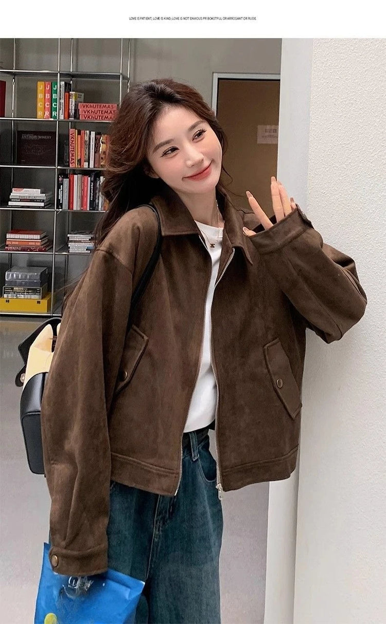 Retro Style Women's Short Suede Jacket Coffee Color Korean Style Autumn Coat Zipper Pocket Polyester Fiber Windproof