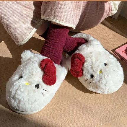 San-Rio Cute Girls Plush Slippers Cartoon Hello Kitty Winter Women Warm Cotton Shoes Female Kawaii Home Thick Sole Shoes Outdoor