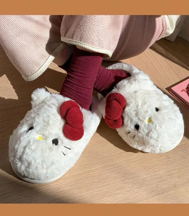 San-Rio Cute Girls Plush Slippers Cartoon Hello Kitty Winter Women Warm Cotton Shoes Female Kawaii Home Thick Sole Shoes Outdoor