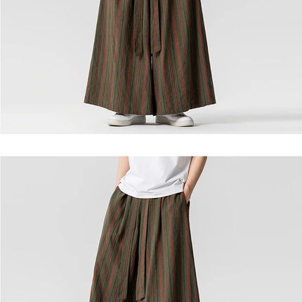 Pantaloni a righe da uomo in cotone e lino, comodi e traspiranti, pantaloni a gamba larga, kimono, samurai giapponese, pantaloni alla moda larghi casual da uomo