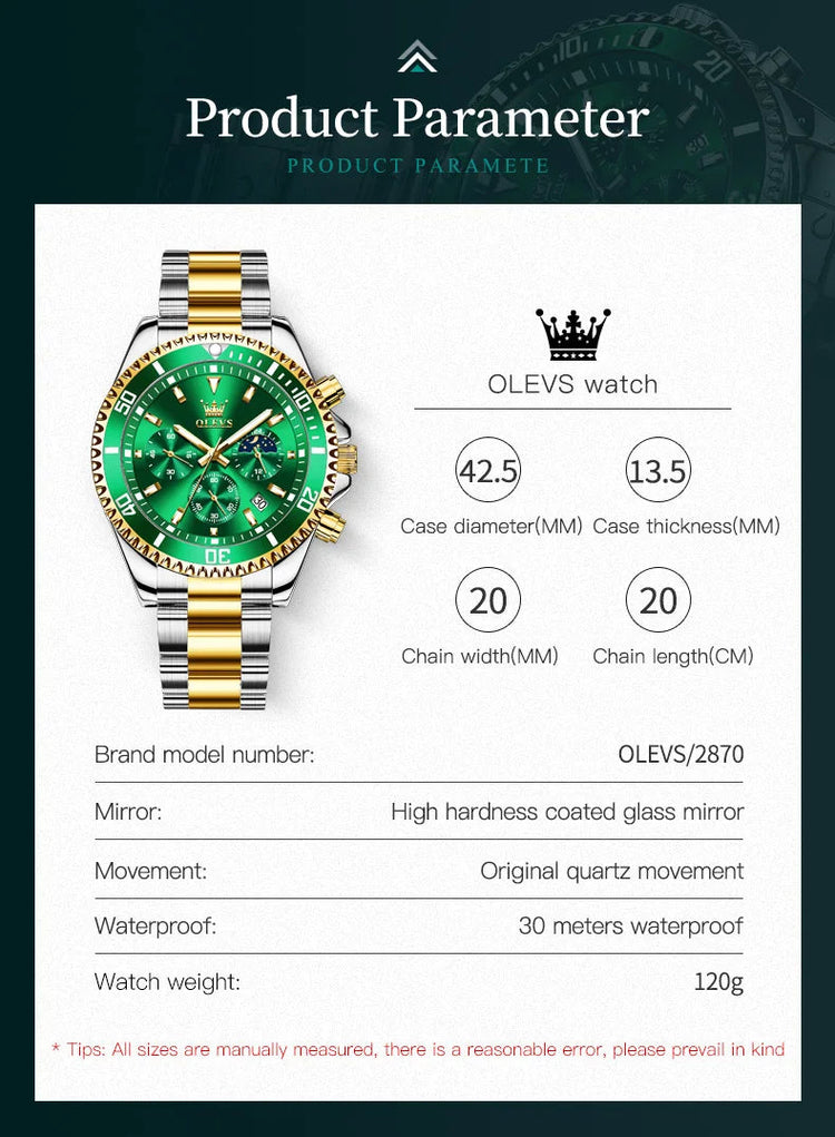 OLEVS Orologi da uomo Orologio di lusso delle migliori marche da uomo Cronografo originale impermeabile in acciaio inossidabile Fasi lunari Data Quadrante Rota platinumshop