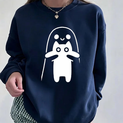 Cute Ghost Hugging Cat Funny Simple White Line Graphic Print Pullover Long Sleeve Casual Loose Streetwear Fashion Sweatshirts