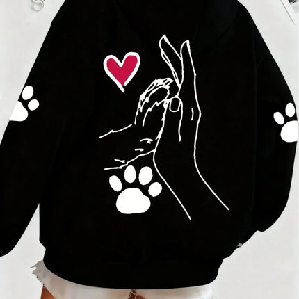Ladies' Casual and Elegant Polyester Hoodie with Dog and Heart-Shaped Paw Prints, Hoodie, Animal Pattern
