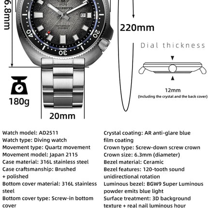 ADDIESDIVE NEW Men's Watch Sapphire Glass AR Coated Quartz Watches AD2511 Reloj Hombre 20Bar Waterproof Luminous Diving Watches