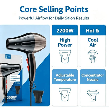 2200W Professional Hair Dryer AC100-240V Adjustable Temperature Speed Cold Shot Blow Dryer With Concentrator Nozzle Salon Home Travel Hair Styling Tool