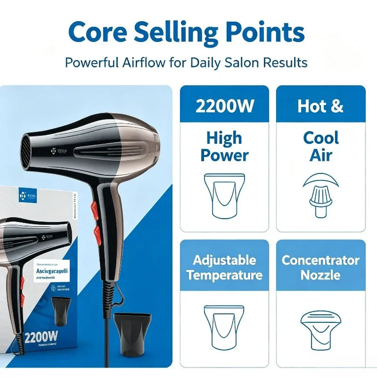 2200W Professional Hair Dryer AC100-240V Adjustable Temperature Speed Cold Shot Blow Dryer With Concentrator Nozzle Salon Home Travel Hair Styling Tool