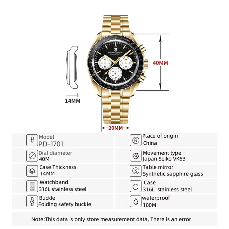Nuovo Orologio da Uomo PAGANI DESIGN Golden Moon 2026, Orologio al Quarzo di Lusso, Cronografo Sportivo, Vetro Zaffiro AR, Impermeabile, Regalo platinumshop