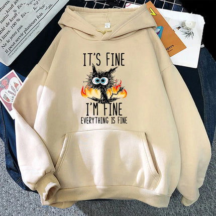 2025 Plus Size Cat Its Fine Im Fine Everything Is Fine Printed Women Hoodies Autumn Winter Hoodie Pullover Hooded