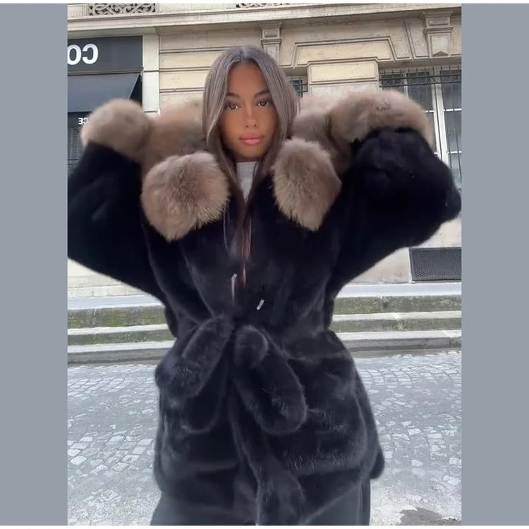Cotton Lined Furry Fur Collar Belts Jacket Women Fashion Long Sleeve Thicken Warm Female Coat 2025 Winter Street Casual Outwear