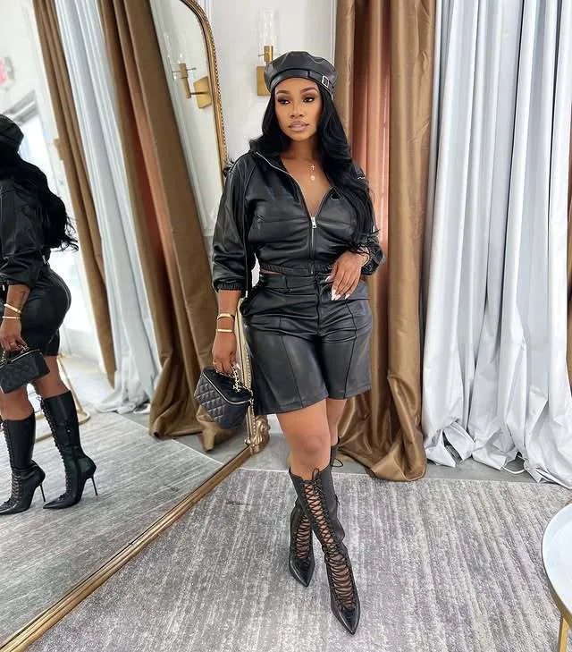 Yomesugar Autumn Sexy PU Leather 2 Piece Sets Women Hipster Zip Hooded Full Sleeve Crop Jacket and Shorts Matching Streetwear