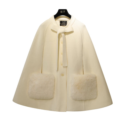 French Elegant Socialite Cape Jacket Plush Pocket Round Neck Bow Single-breasted Loose Versatile Woolen Cloak Coats Women Winter
