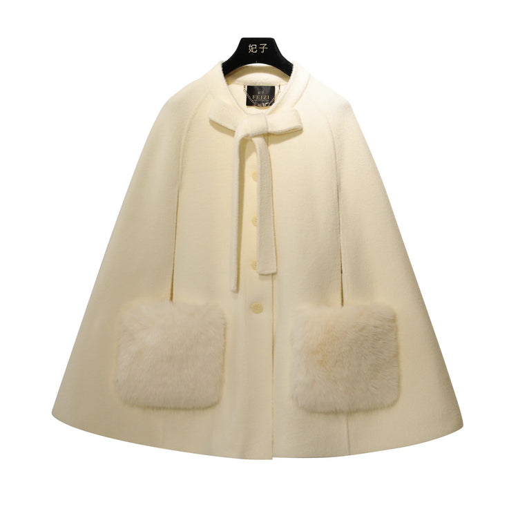 French Elegant Socialite Cape Jacket Plush Pocket Round Neck Bow Single-breasted Loose Versatile Woolen Cloak Coats Women Winter