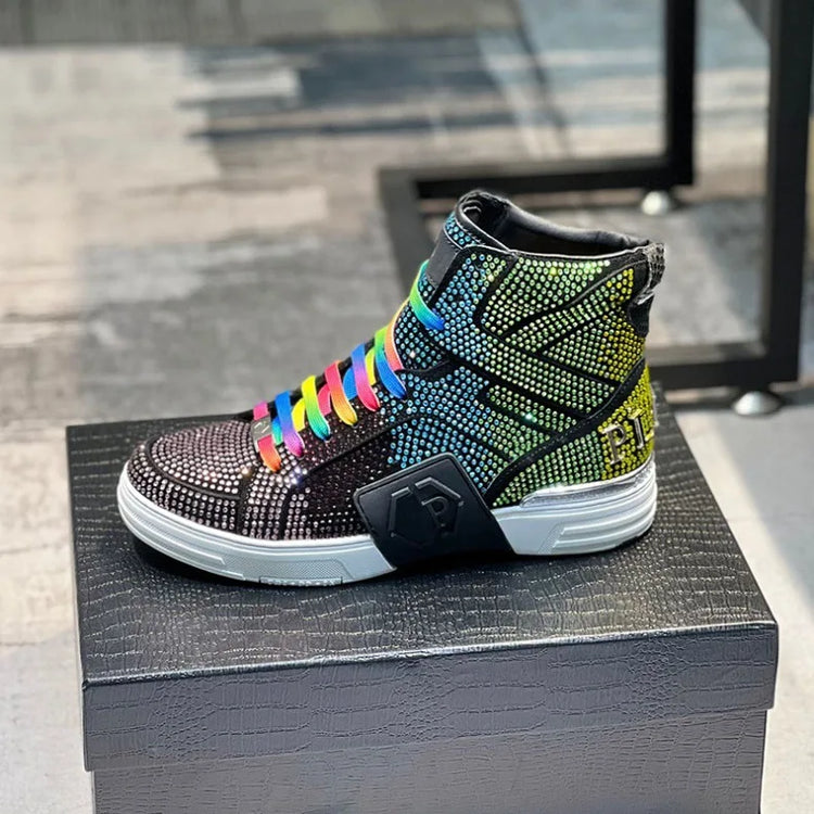 Luxury Designer's Autumn Winter New Men's Sneakers Water Diamond High Top Men's Running Shoes Fashion Leather Casual Short Boots