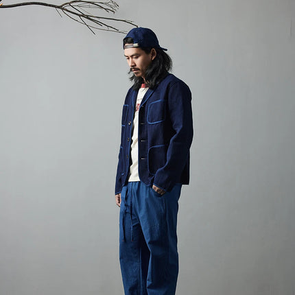 Vintage Handmade Indigo Jacket Men Spring Autumn New Lapel Multi-pocket Plant Blue Dyed Long Sleeve Jacket Casual Cardigan Coat