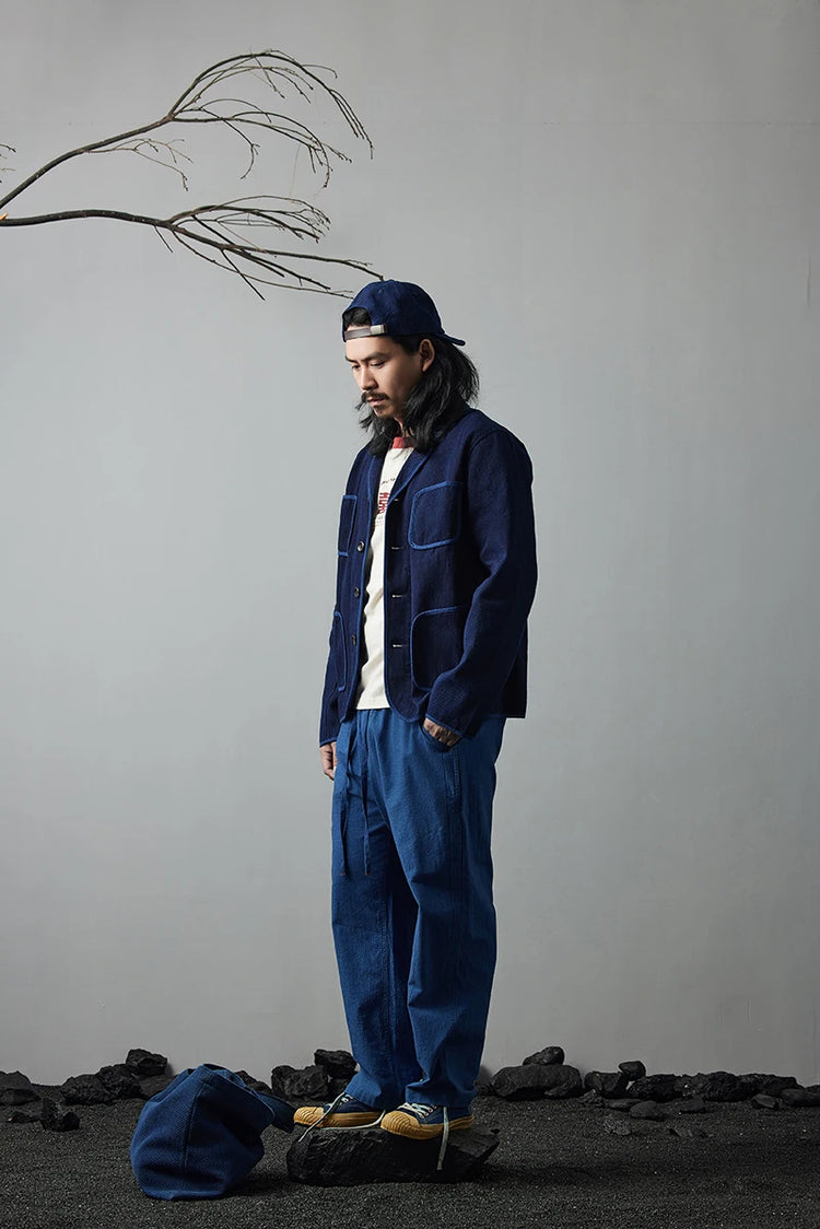 Vintage Handmade Indigo Jacket Men Spring Autumn New Lapel Multi-pocket Plant Blue Dyed Long Sleeve Jacket Casual Cardigan Coat
