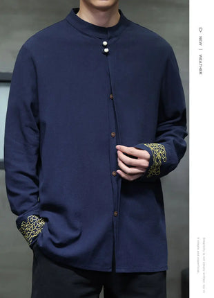 Camicie da Uomo di Alta Qualità con Ricami in Stile Cinese, Colletto Rialzato Retrò, in Lino Comodo e Traspirante, Camicie Casual da Uomo